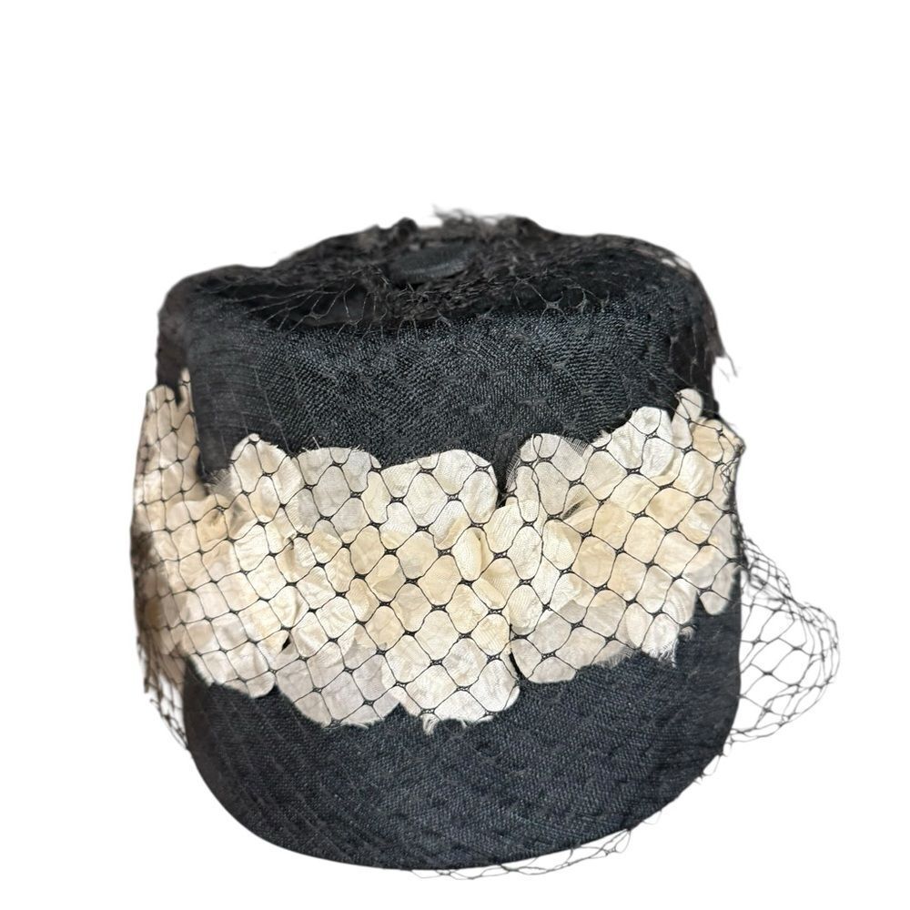 Vintage pill box hat Elegant Black and Cream Hat with Veil